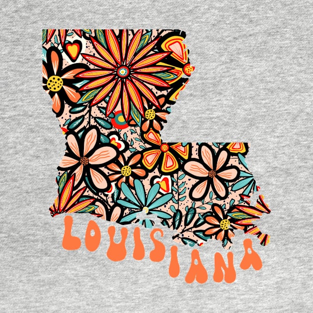 Louisiana State Design | Artist Designed Illustration Featuring Louisiana State Outline Filled With Retro Flowers with Retro Hand-Lettering by MarcyBrennanArt